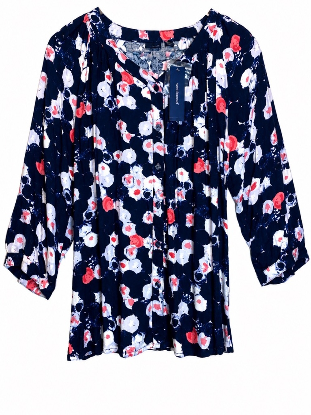 Westbound Abstract Floral Navy/Pink/White Blouse Sz S Button 3/4 Sleeves NWT